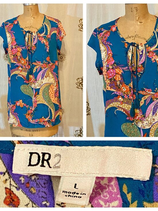 DR2 Tops - DR2 Paisley Floral Sheer Tunic Top Blue Tassels Feminine Boho Cottagecore L EUC